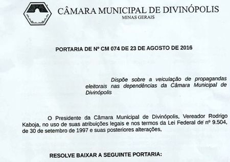 Assessores de vereadores de Divinópolis proibidos de fazerem campanhas eleitorais, em horário de funcionamento da Câmara portaria camara - capa